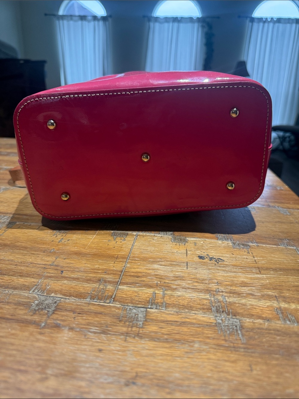 Dooney & Bourke Pink-Red Patent Satchel with Tan Trim - Picture 5 of 10